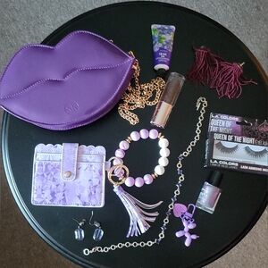 Purple Passion Bundle of 10 Items Lips Purse, Wristlet, Jewelry, Makeup & More